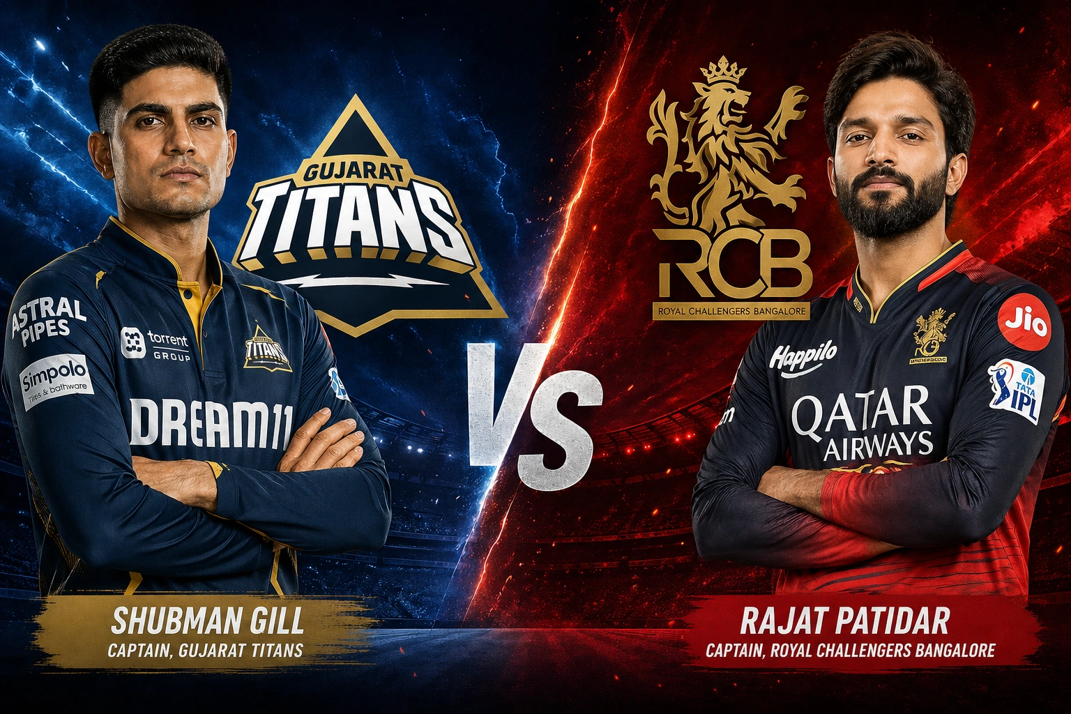 GT vs RCB match poster featuring Gujarat Titans captain Shubman Gill on the left with the GT team logo and Royal Challengers Bangalore captain Rajat Patidar on the right with the RCB logo, highlighting the exciting GT vs RCB IPL showdown with a dramatic stadium background and bold VS graphic in the center.