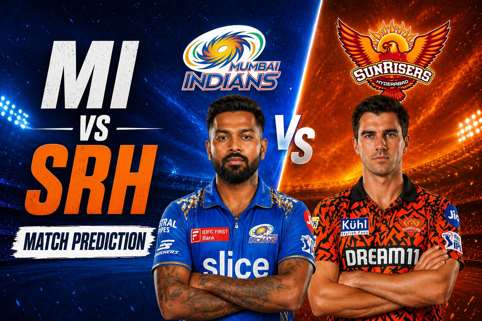 MI vs SRH match prediction poster featuring Mumbai Indians captain Hardik Pandya and Sunrisers Hyderabad captain Pat Cummins with team logos, bold blue vs orange stadium background, and large “MI vs SRH Match Prediction” text.