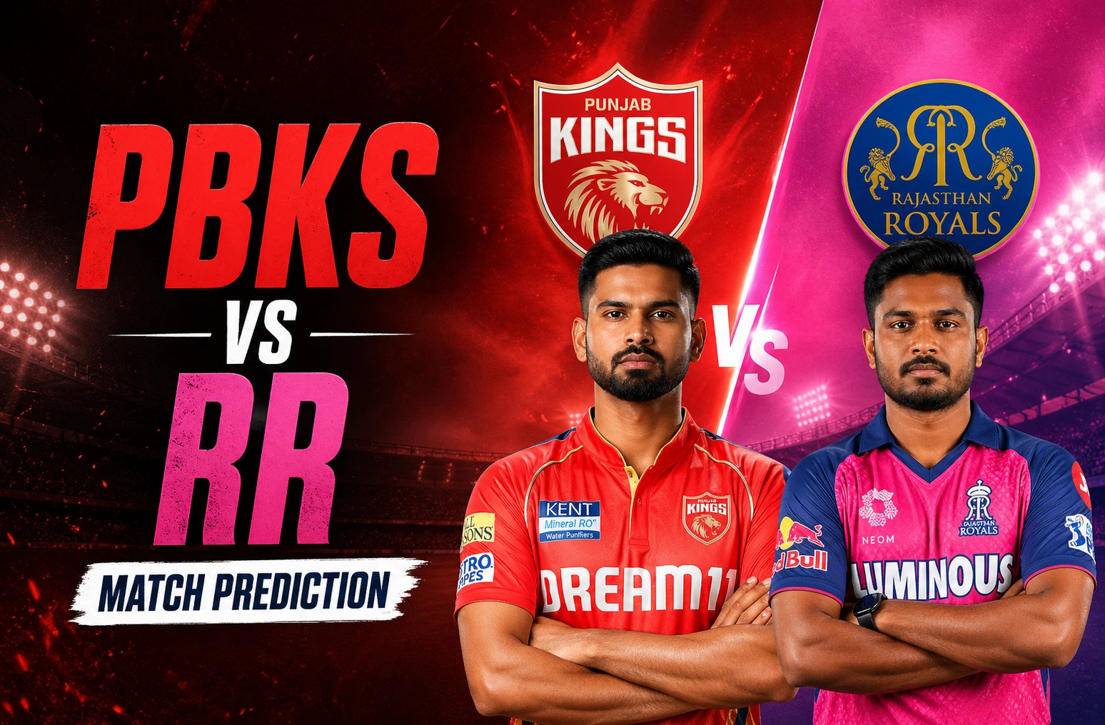 PBKS vs RR Match Prediction poster featuring Punjab Kings and Rajasthan Royals players with team logos, bold red and pink stadium background, and large “PBKS vs RR Match Prediction” text on the left side.